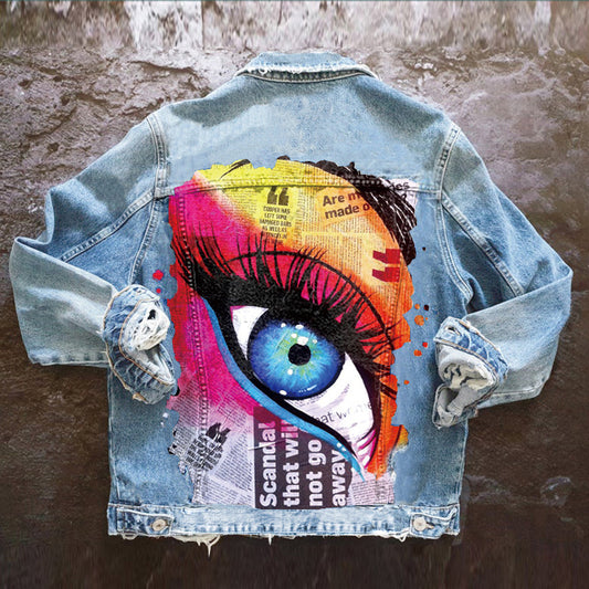 Women's Autumn Street Style Lapel Denim Jacket with Print Pattern