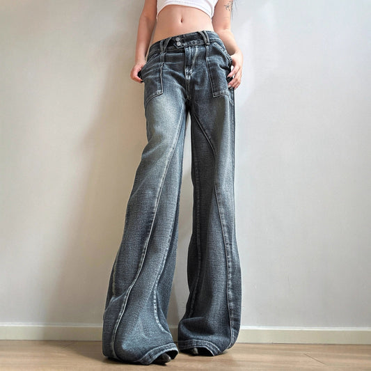 Women's Basic Washed Split Low Waist Loose Denim Pants