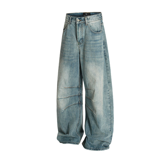 Curved Knife Retro Washed Cowboy Wide Leg Long Pants for Men and Women