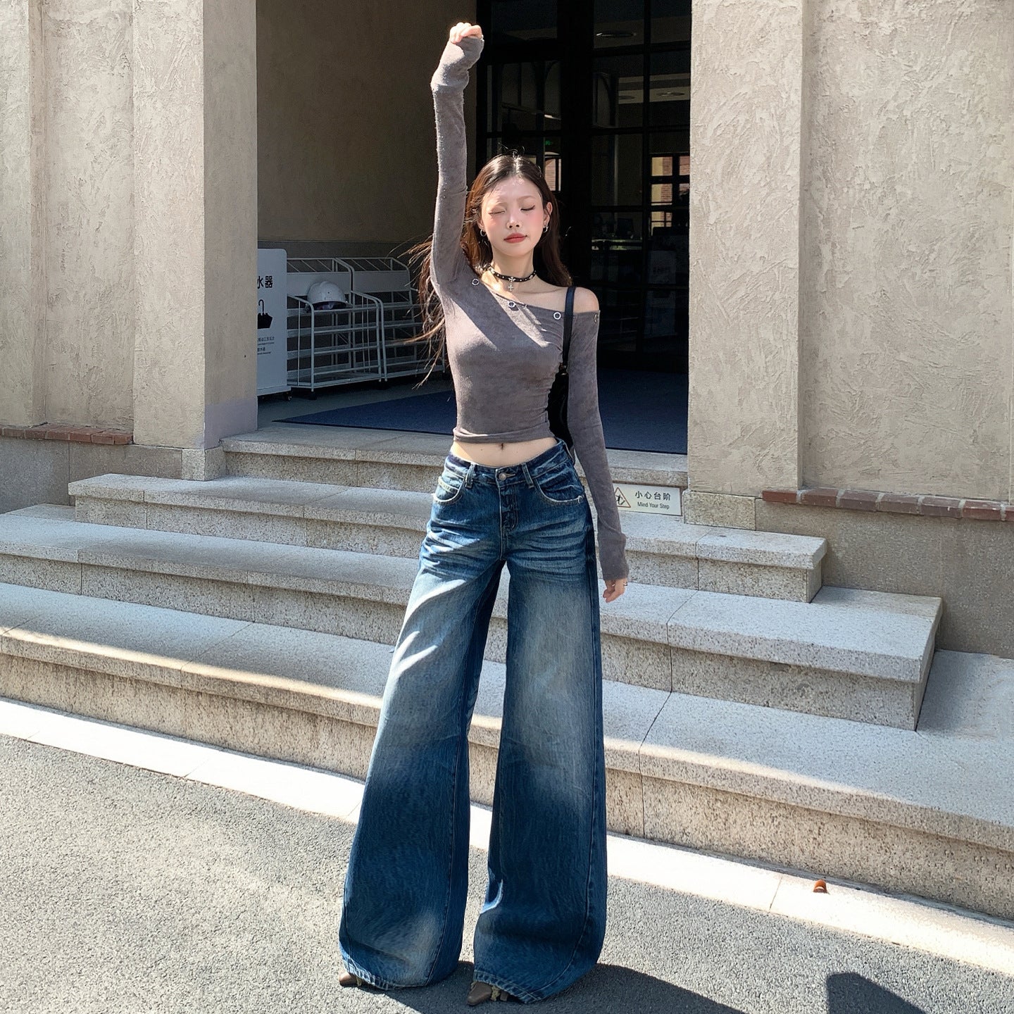 Style Washed Wrinkled Denim Pants for Women - Loose High Waist Versatile Slim Wide Leg Trousers