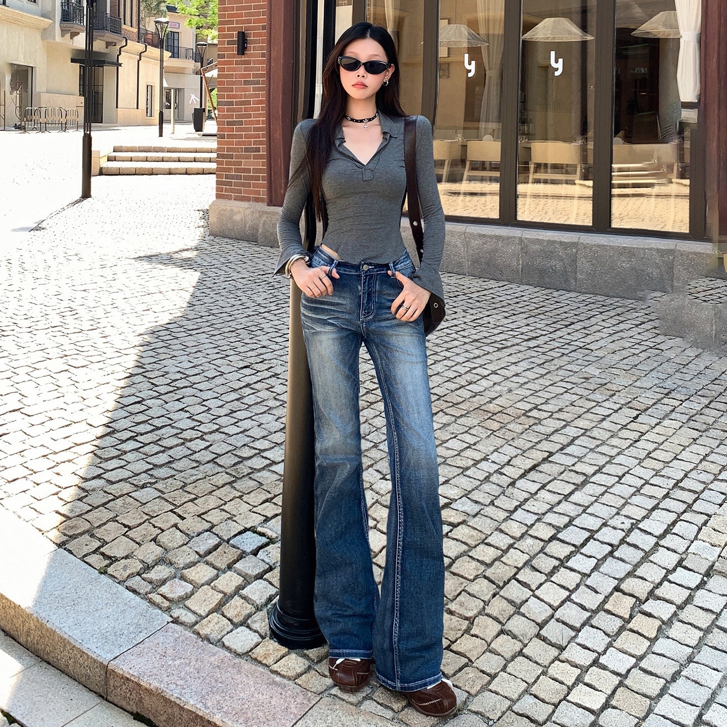 Retro Street Style Skinny Flare Jeans for Women - Low Waist Slim Fit Washed Frayed Bell Bottoms