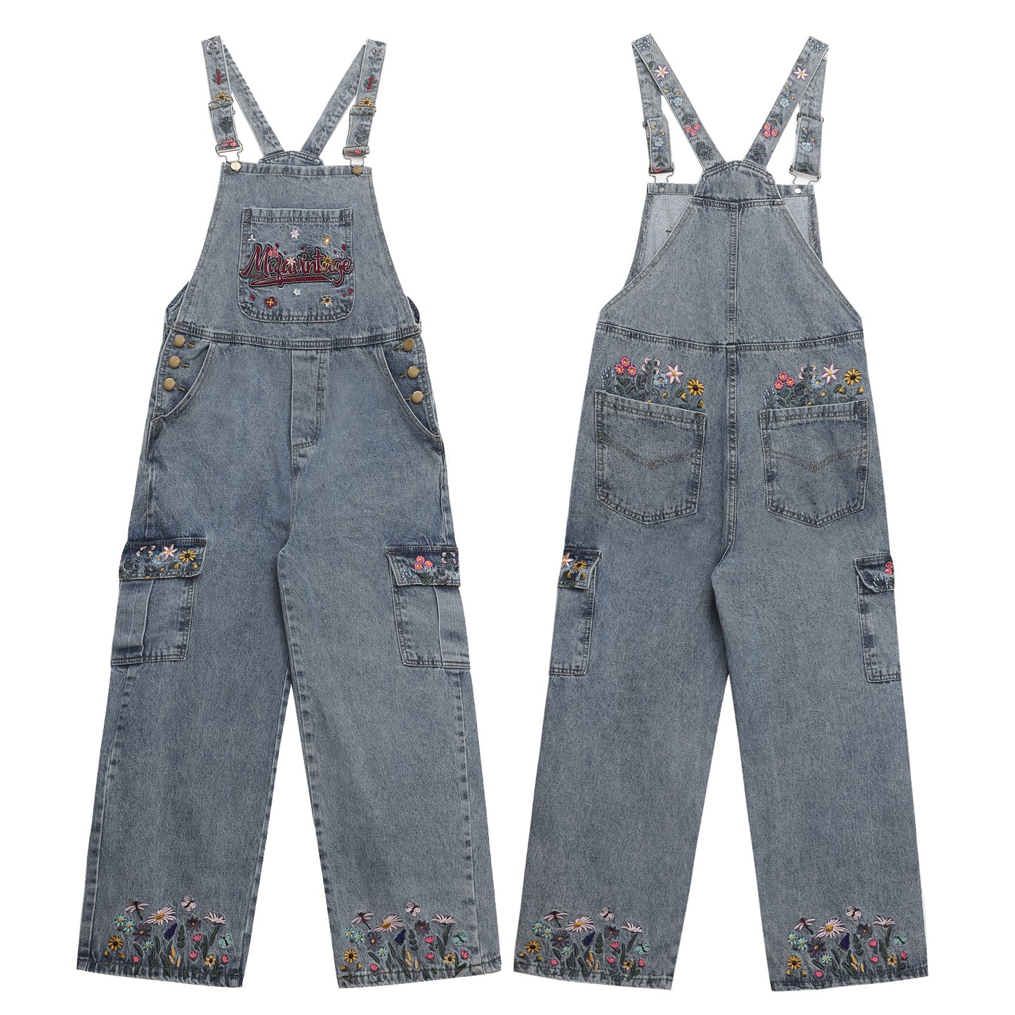 Trendy Washed Floral Letter Embroidery Denim Overalls Unisex High Street Retro Loose Jumpsuit