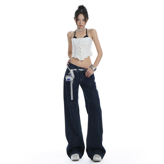 Women's Original Color Straight Leg Jeans - Low Waist Slim Wide Leg Pants