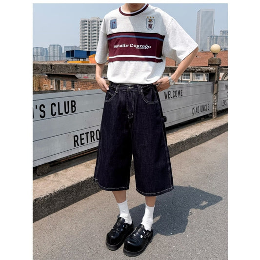 Wide Leg Denim Seven Quarter Straight Workwear Casual Shorts