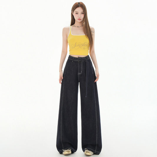Women's Denim Blue High-Waisted Wide-Leg Knife-Edge Pants