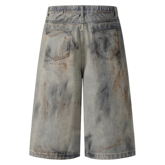 Men's Loose Washed Denim Pants with Pocket Design - Three-Quarter Length Trousers