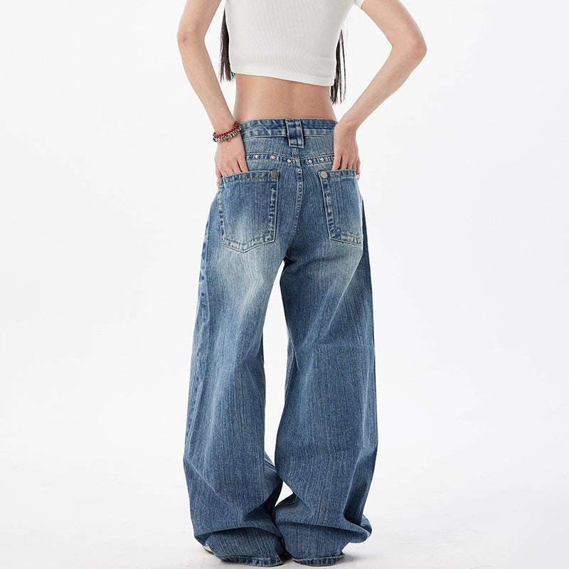 Retro Rivet Wide Leg Jeans for Women - Slimming Loose Straight Jeans
