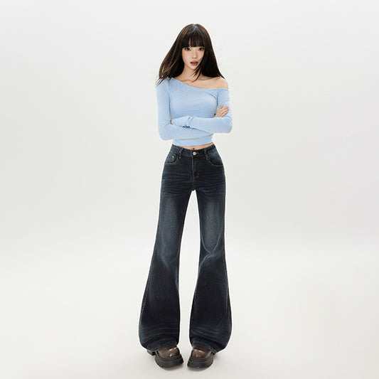 Style Flared Denim Pants for Women - Low Waist, Slim Fit, White Washed Pants
