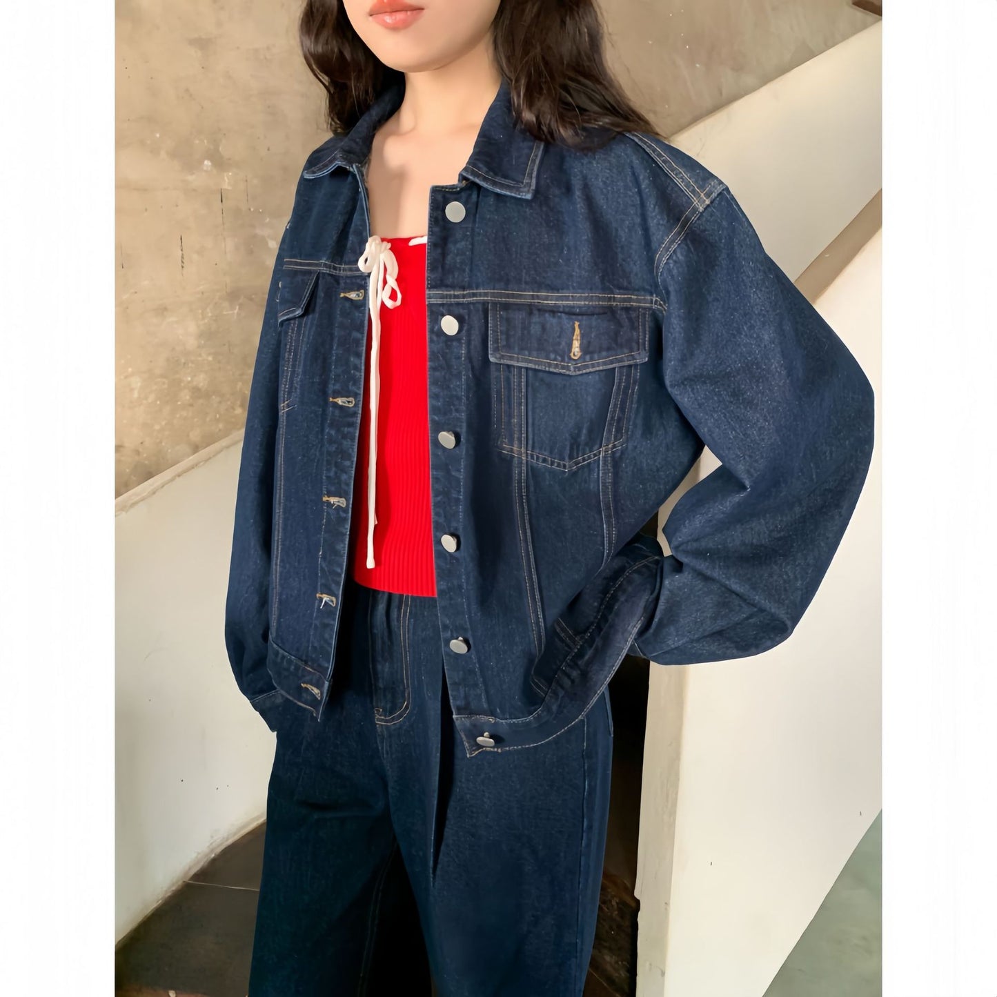 Vintage Hong Kong Style Single Breasted Denim Jacket for Women