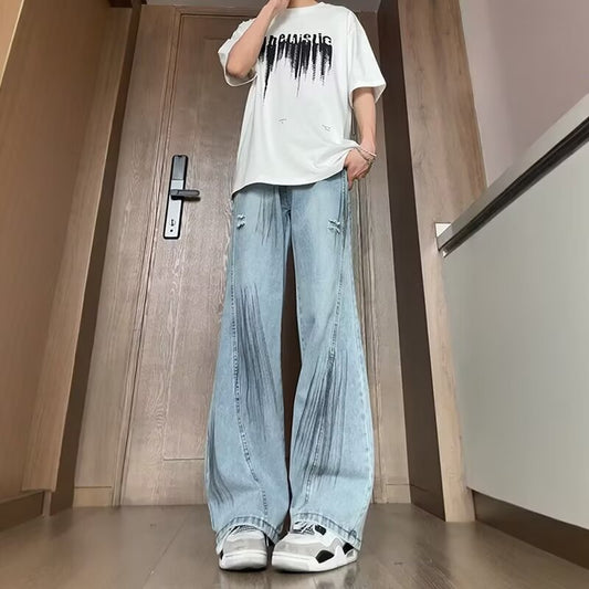 Retro Blue Ripped Semi Elastic Waist Jeans for Men