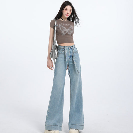 Wide-Leg Flared Denim Pants for Women - Light Blue High-Waist Slimming Trousers