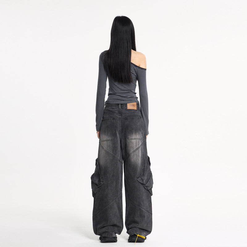Silk Women's Water-Washed Loose Flare Cargo Denim Pants