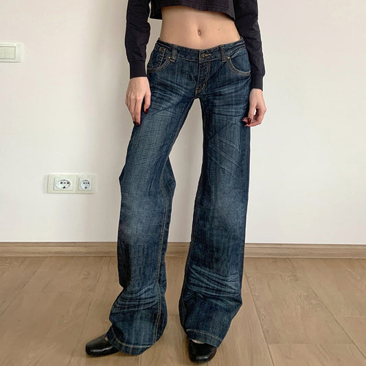 Vintage Pleated Washed Denim Jeans - Loose Fit & Low Waisted Design
