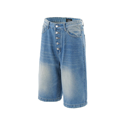 Washed and Worn Flight Button Open Denim Shorts