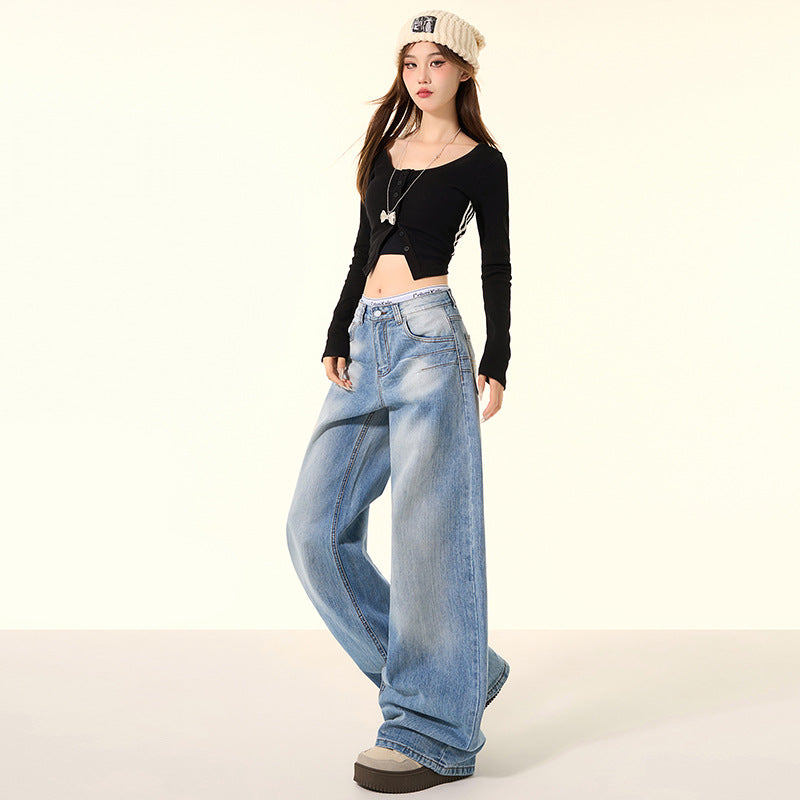 Women's High Street Leg Floor-Length Pants Washed Wide Leg Jeans