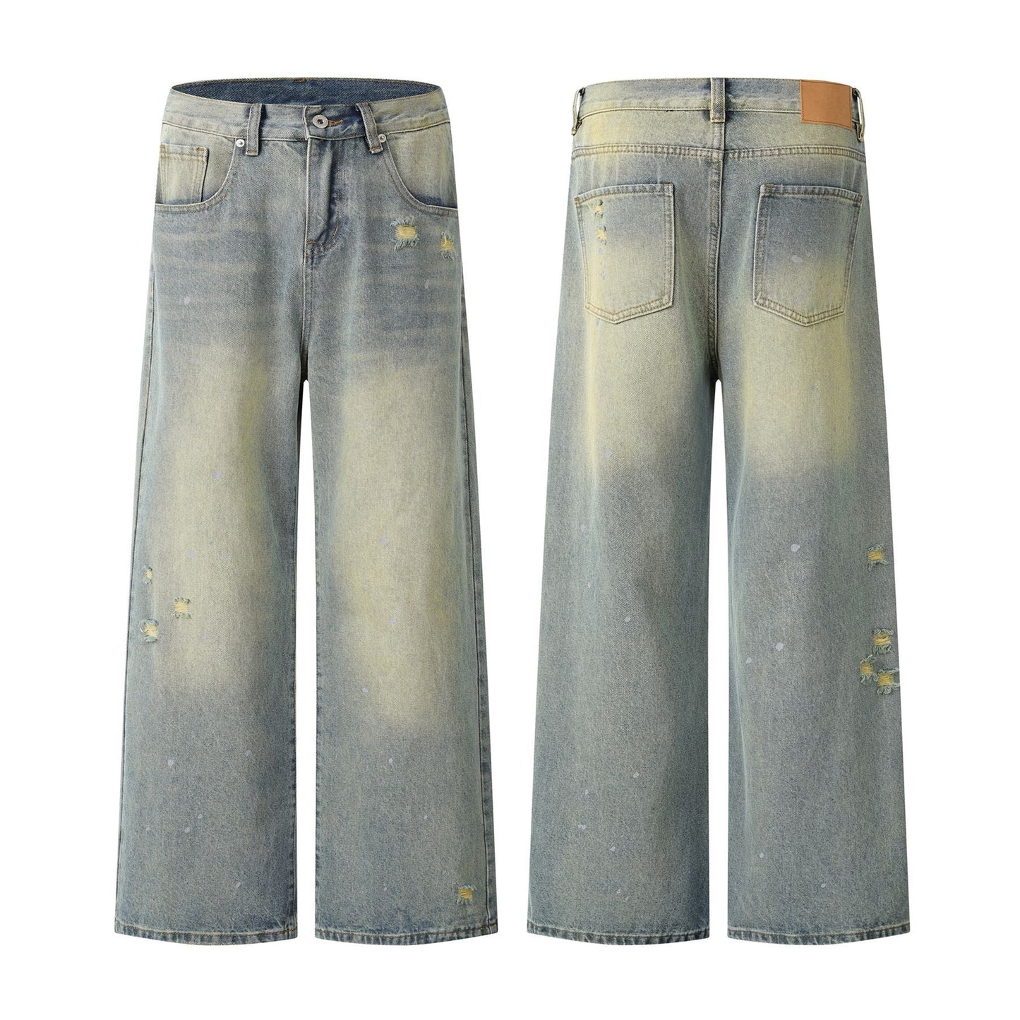 Washed Faded Splatter Hole Denim Pants for Men and Women - Cleanfit Loose Straight Leg Long Pants