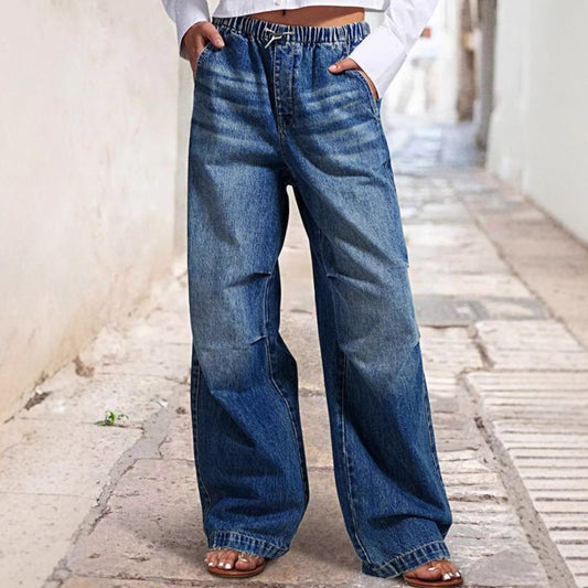 Mid Waist Wide Leg Pleated Loose Jeans - Women's Street Retro Straight Leg Pants