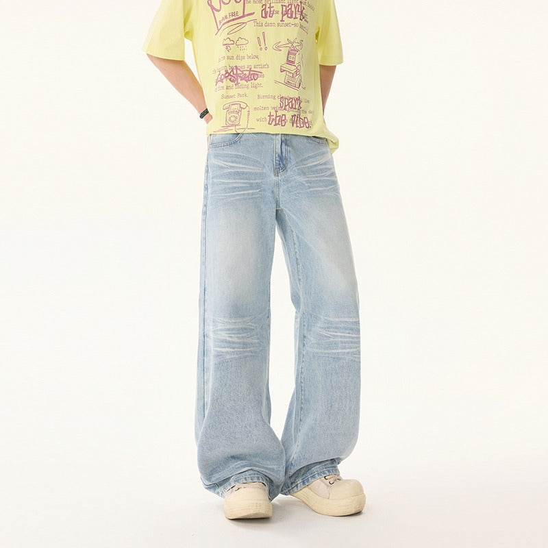 Summer Loose Straight Leg Commuting Pants in Washed Blue Denim