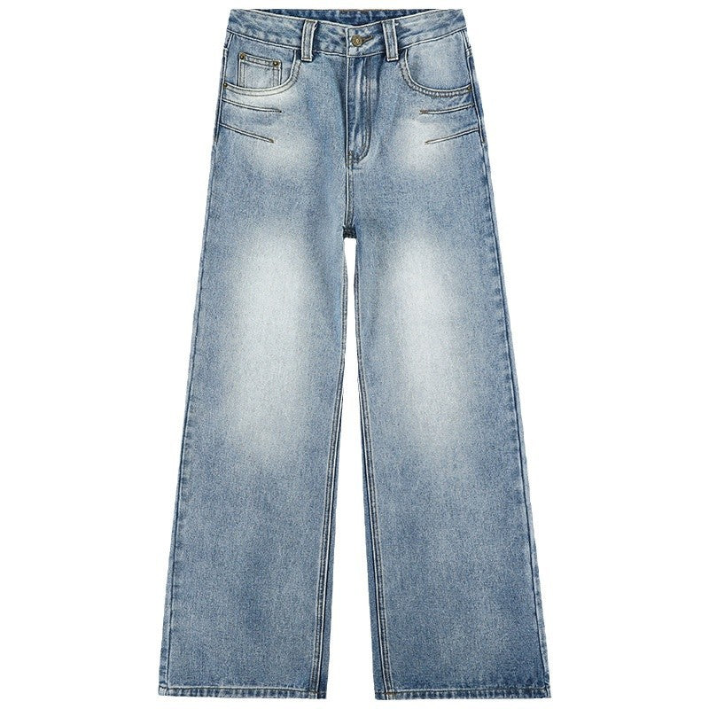 Washed Straight High Waist Jeans for Women - Slimming Embroidered Wide Leg Pants