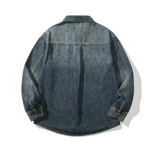 Retro Streetwear Cargo Denim Shirt - Men's Loose Casual Long Sleeve Jacket