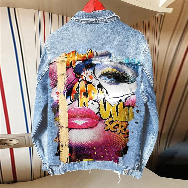 Women's Autumn Hot Selling Tongue Out Print Pattern Lapel Denim Jacket
