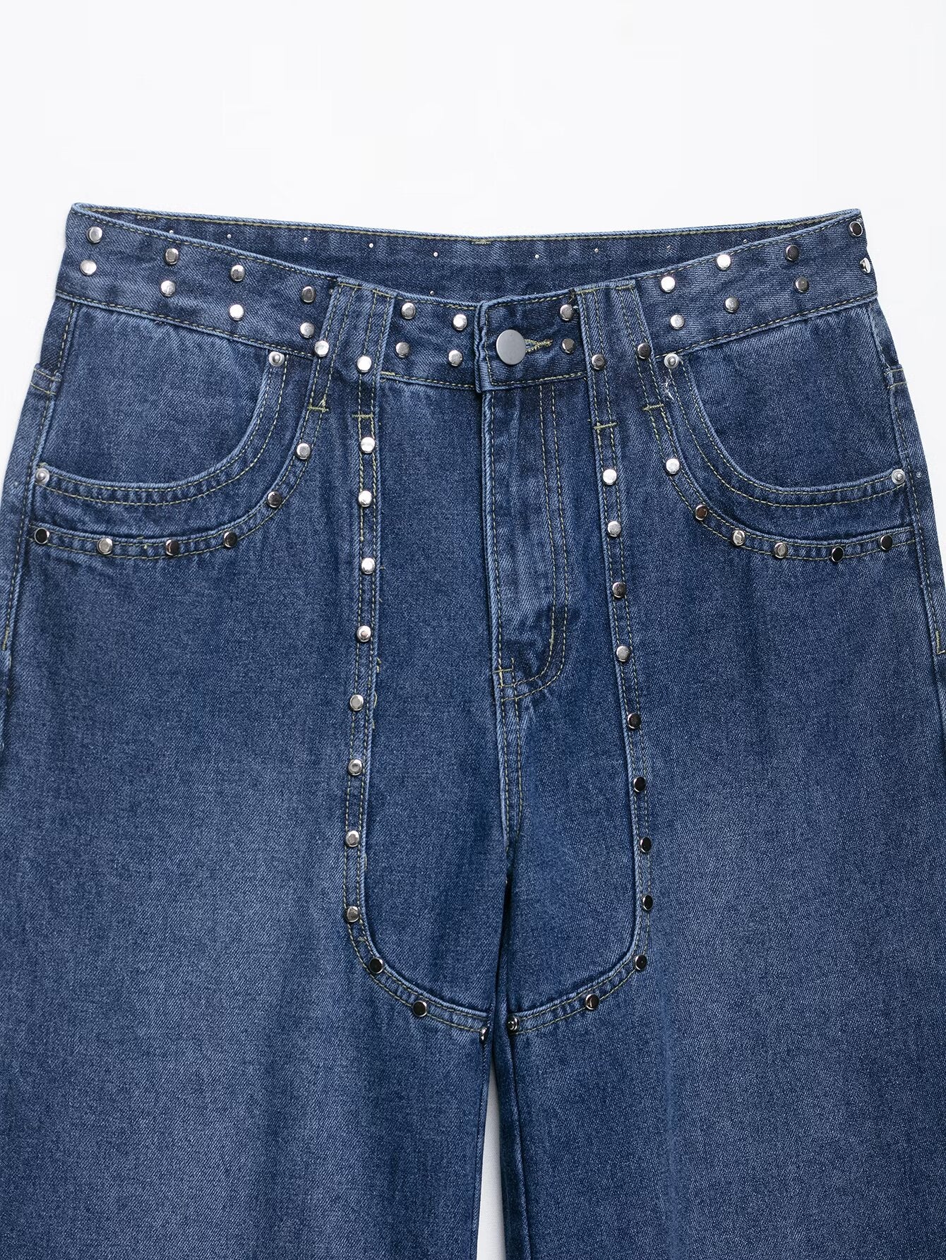 Women's European and American Style Studded Embroidered Straight Leg Jeans