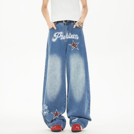 Star Embroidered Cowboy Loose Wide Leg Casual Pants