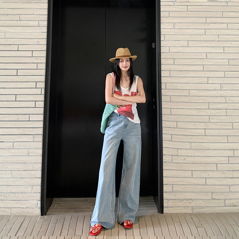Retro Light Blue Wide-Leg Jeans for Women - Loose Drape Floor-Length Pants