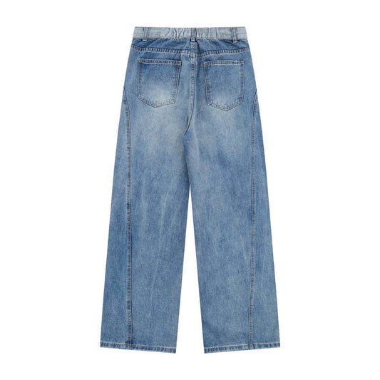 High Street Washed Vintage Color-Blocked Denim Pants - Unisex Loose Wide-Leg Straight Trousers