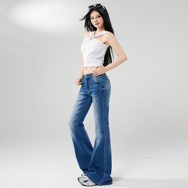 Women's Blue Washed Flared Jeans - Slim Fit Multi-Purpose Denim Pants