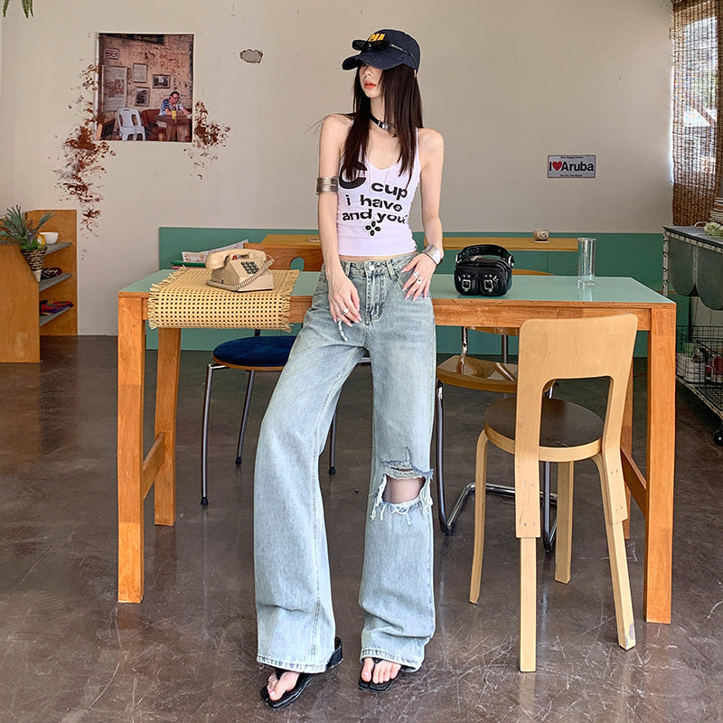 Light Blue Distressed Wide-Leg Jeans for Women - Retro Loose Straight Pants