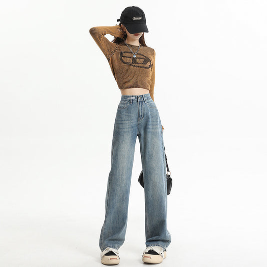 Women's High-Waist Washed Vintage Cement Grey Straight Pants