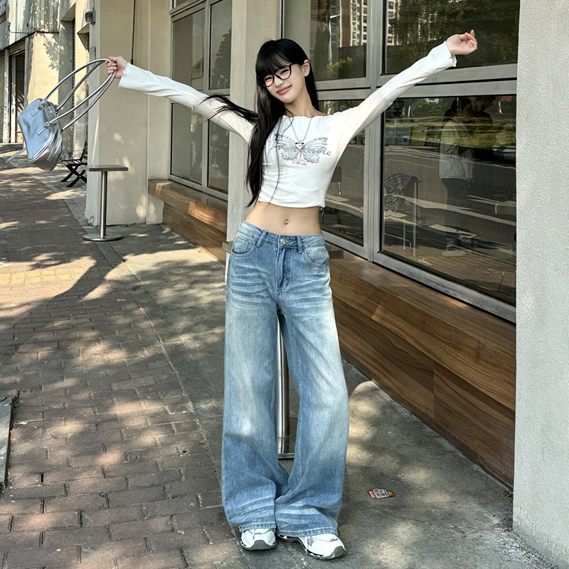 Light Blue Denim Pants Women - Water Washed Wide Leg Loose Straight Trousers