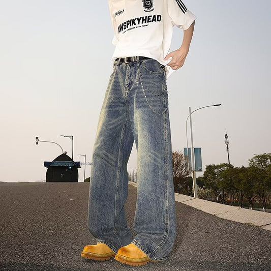 Retro Washed Cat Whisker Denim Jeans for Men