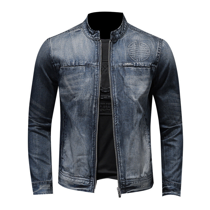 Men's Casual Zipper Washed Denim Jacket - Stand Collar for Autumn and Spring