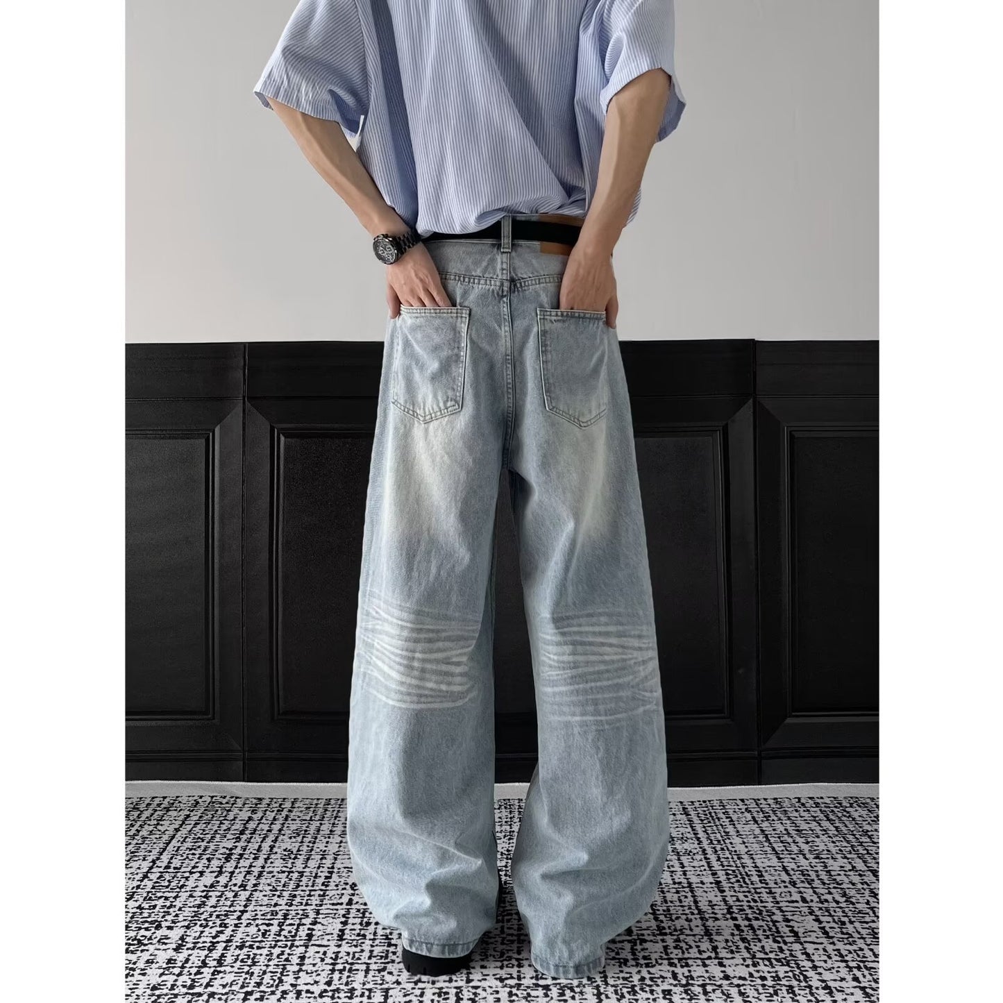 Wash Ground White Light Blue Loose Straight Leg Jeans