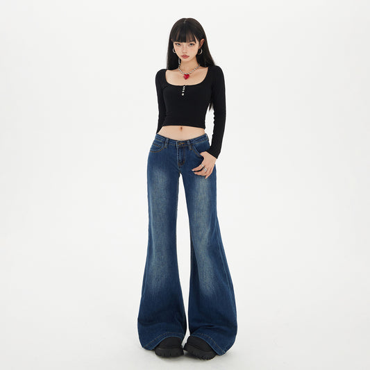Blue Low-Waist Flared Jeans for Women - Casual Versatile Hanging Flared Pants