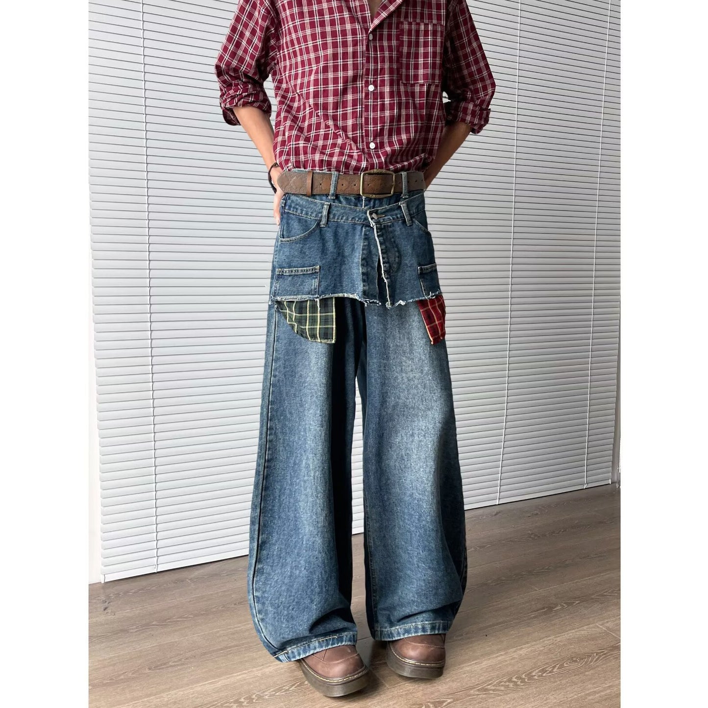 Retro Fake Two-Piece Checkered Patchwork Jeans for Men - Summer Style