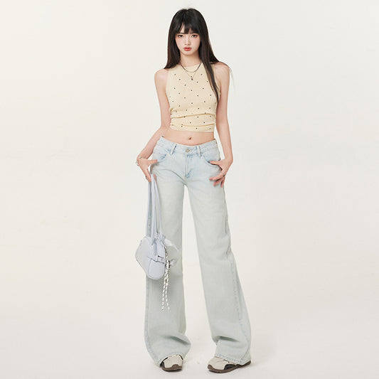 Women's Low Waist Light Color Straight Leg Jeans - Slimming Floor-Length Pants