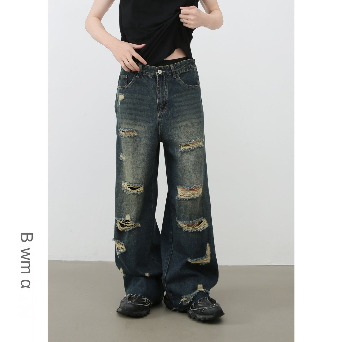 Denim Frayed Hem Washed Wide-Leg Jeans for Men