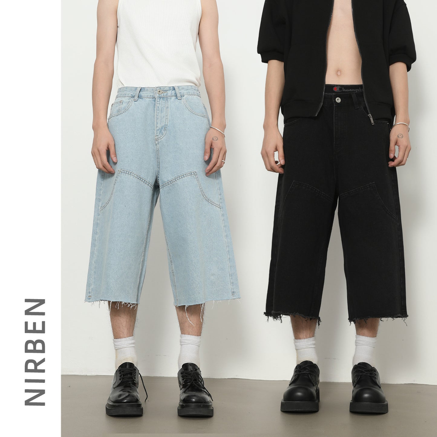 Loose Wide-Leg Seven-Quarter Jeans for Men - Retro Straight Leg Denim Shorts