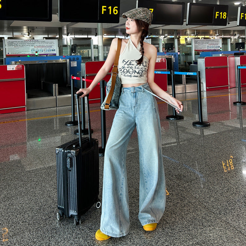 Light-Colored High-Waisted Wide-Leg Jeans for Women - Slimming Draped Waistband