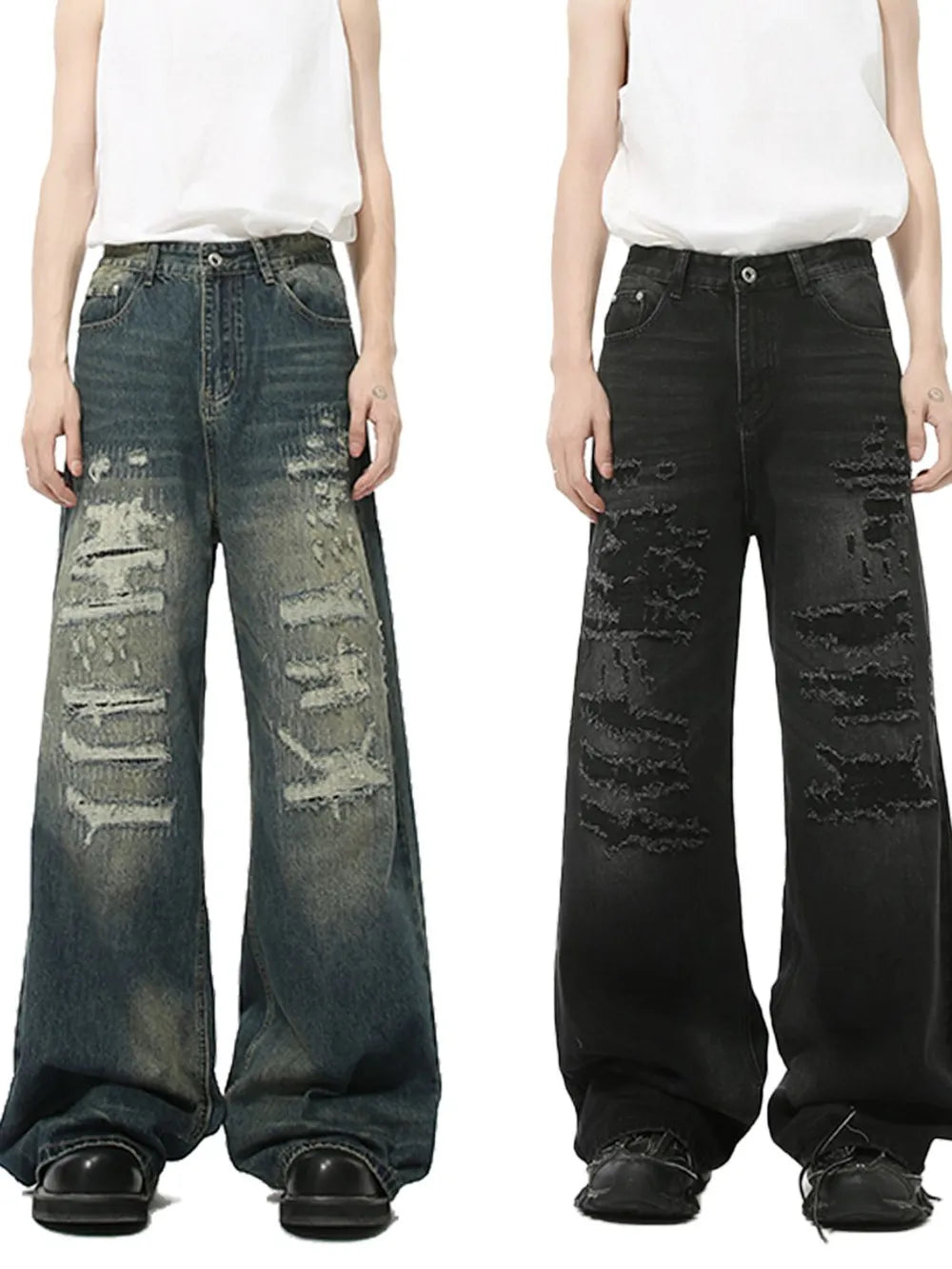 Premium Distressed Wide Leg Jeans - Luxury Japanese Denim