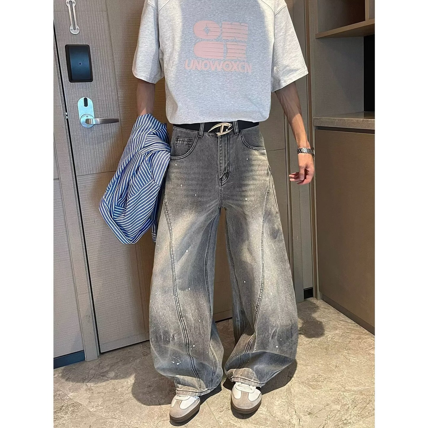 Retro Washed Curved Knife Denim Loose Drape Wide Leg Floor Length Pants