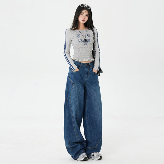 Women's Large Pocket Oversized Knife-Edge Jeans – Loose Baggy Patchwork Wide Leg Pants