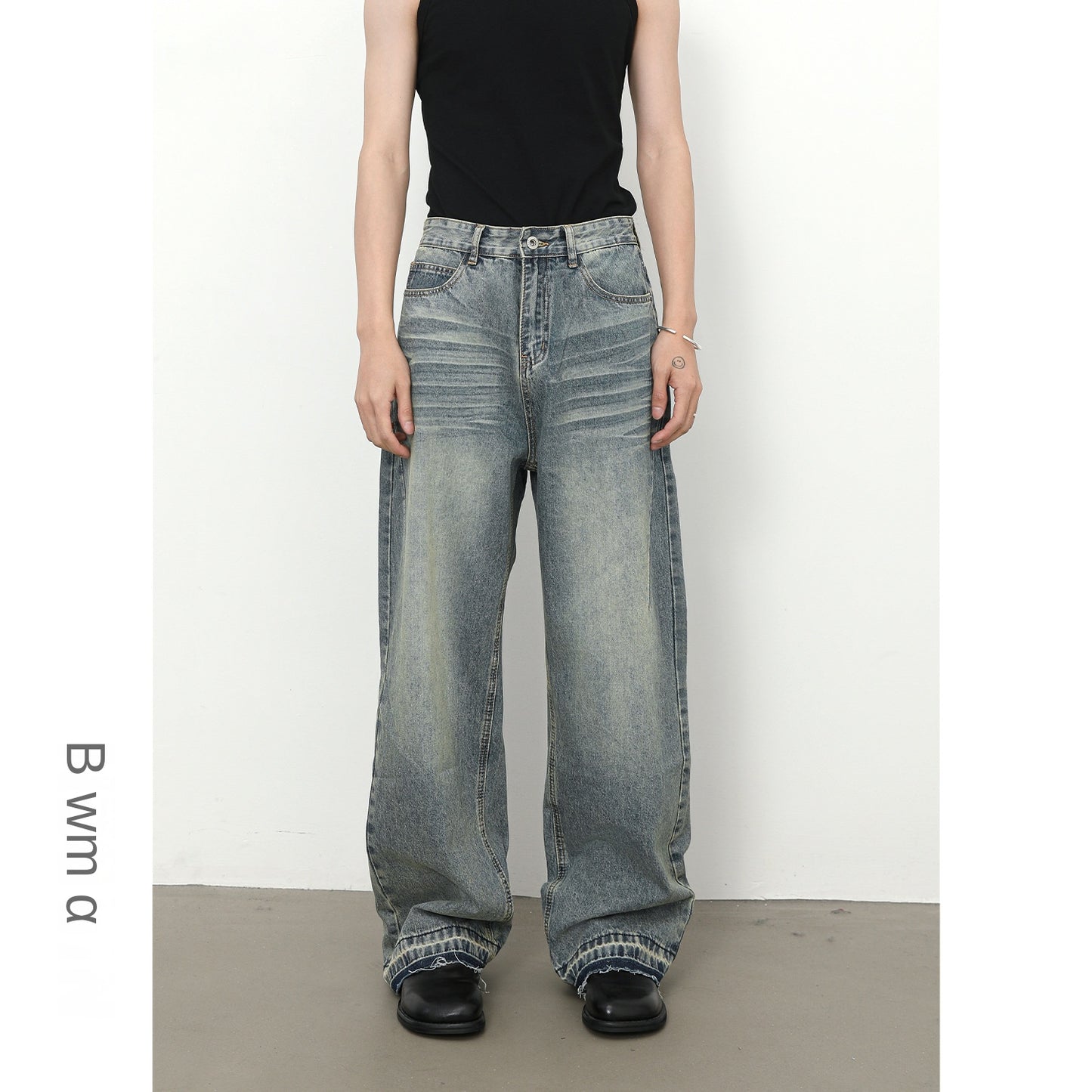 Denim Frayed Hem Washed Wide-Leg Jeans - Men's Retro Loose Straight Fit Trousers