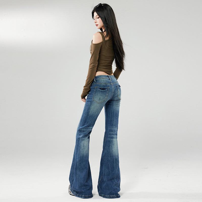 Women's Vintage Blue Low Waist Hip-Lifting Trumpet Pants