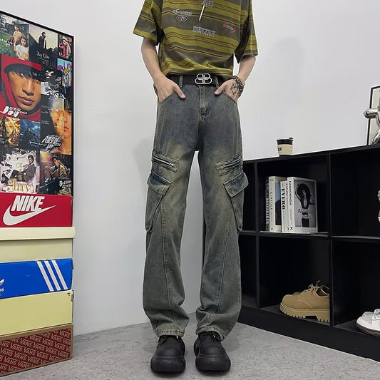 Multi Pocket Zipper Denim Distressed Workwear Straight Leg Pants