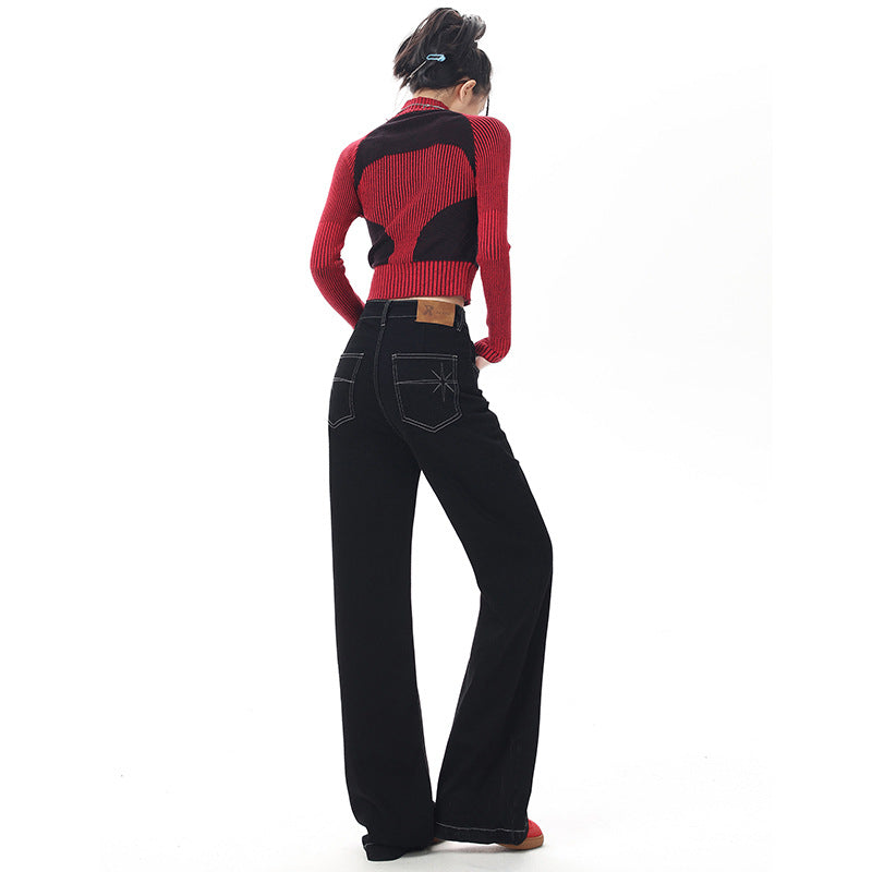 Women's Black Retro Wide Leg Jeans - Trendy Loose Floor-Length Pants
