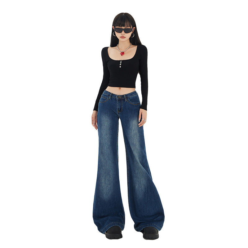 Blue Low-Waist Flared Jeans for Women - Casual Versatile Hanging Flared Pants